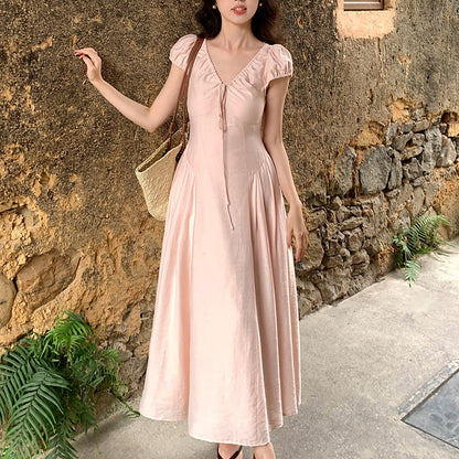 2025 Thirteen Lines  Summer New Temperament Pure Desire High Waist Lace-up Short Sleeve Dress Children 88258