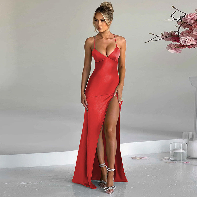 women's clothing spring and summer new fashion sexy v-neck sling slit mid-length evening dress dress for women