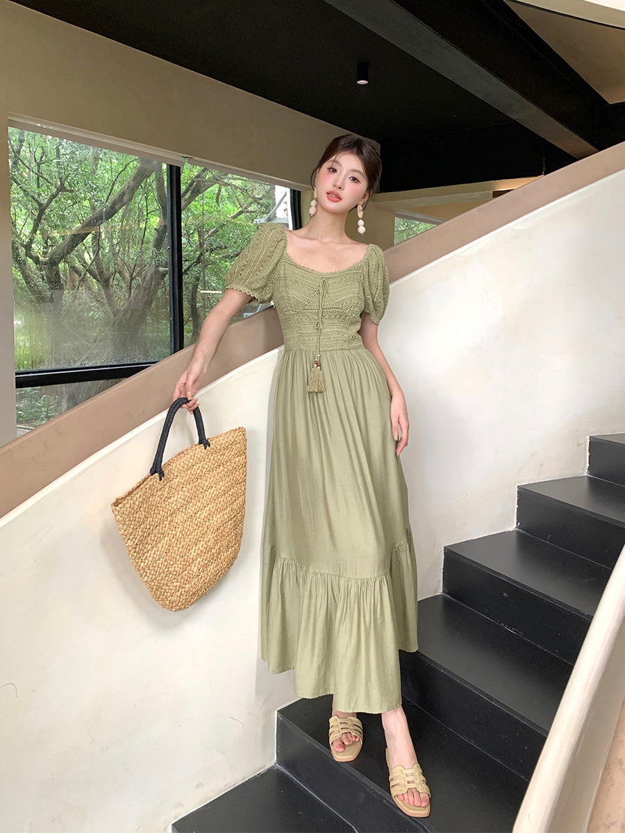 2025 popular summer dress new Korean version high waist short sleeve temperament dress vacation style long dress children 88087