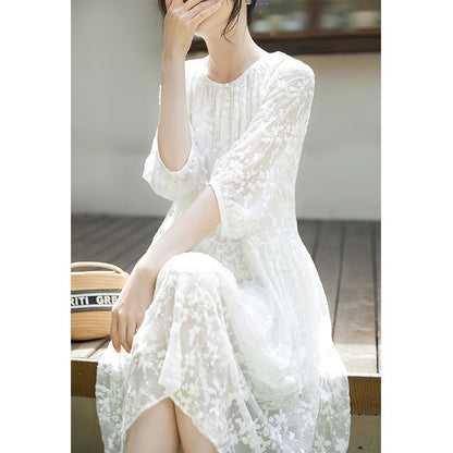 2025 Mulberry silk fairy dress silk embroidered mesh white medium and long dress  four-season green women's clothing spring and summer