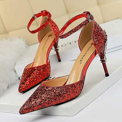 283-A5 2025 sexy hollow women's shoes metal decorative high heel shallow mouth pointed sequins word with hollow sandals