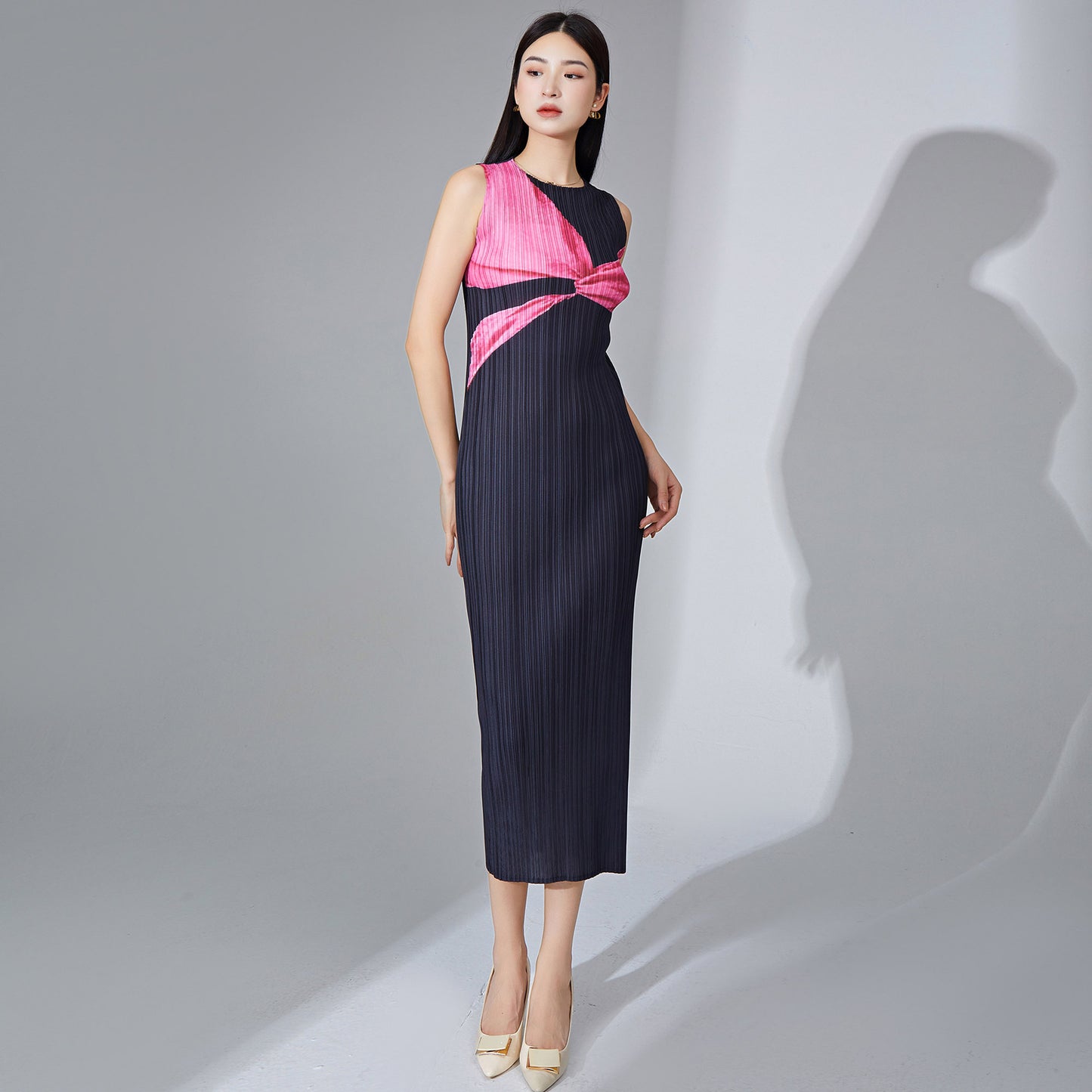dress long high-end temperament sleeveless printing fashionable and elegant versatile one-step skirt pleated skirt summer