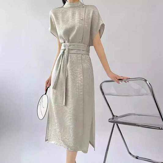 2025 High-end new Chinese jacquard asymmetrical design new strap-up slim dress high-end human silk dress