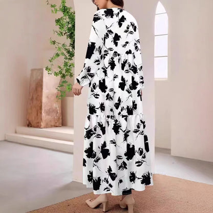 MAOXIANGSHOP 2025 2025 women's clothing fashion casual printing round neck long-sleeved big swing dress women's long dress elegant straight dress