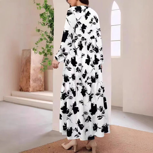 MAOXIANGSHOP 2025 2025 women's clothing fashion casual printing round neck long-sleeved big swing dress women's long dress elegant straight dress