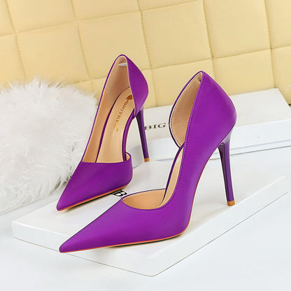 626-1 Korean version fashionable and simple pedicure, thin heel, super high heel, shallow mouth, pointed side hollow single shoes, women's high heel