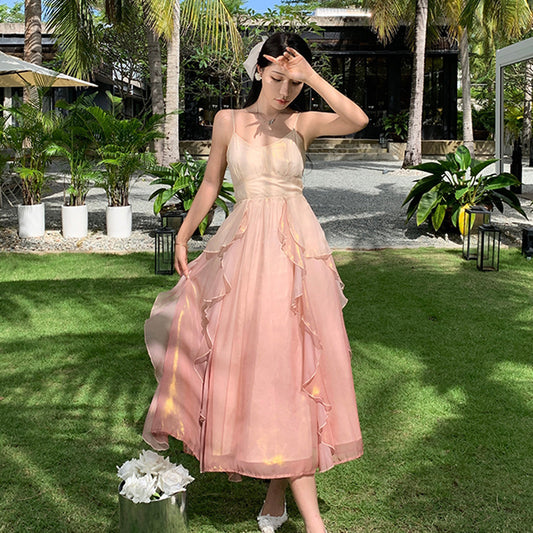 2025 Mermaid Ji gradually changes the lotus leaf edge fairy skirt summer temperament suspender long skirt super fairy heavy industry seaside vacation dress
