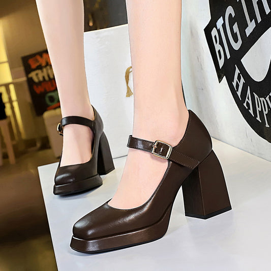 9613-1 Retro 2025 style thick heel square heel high heel waterproof table square head shallow mouth belt buckle one word belt single shoe women