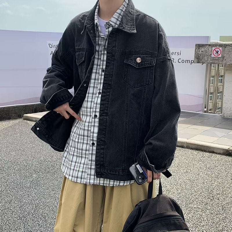 maoxiangshop-shop carhartt jacket outfit Washed Denim Coat Men's Autumn Loose Retro Japanese Ins Trendy Casual Solid Color Jacket Top Clothes