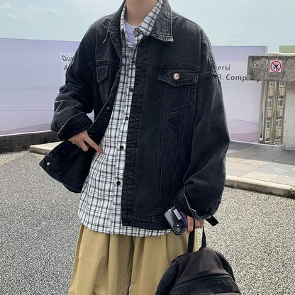 maoxiangshop-shop carhartt jacket outfit Washed Denim Coat Men's Autumn Loose Retro Japanese Ins Trendy Casual Solid Color Jacket Top Clothes