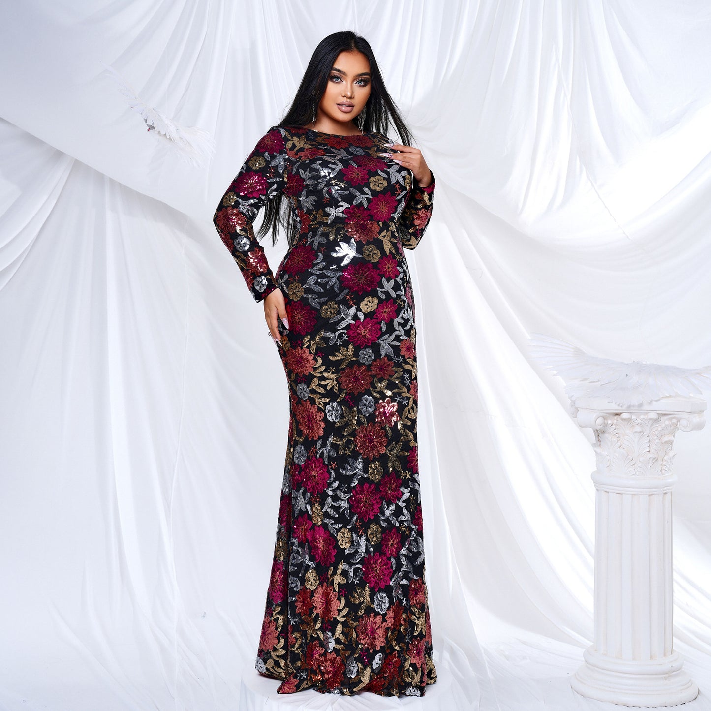 2025 Popular trade Popular,  and the United States fat mm large size women's clothing long-sleeved round neck banquet sexy sequined evening dress dress