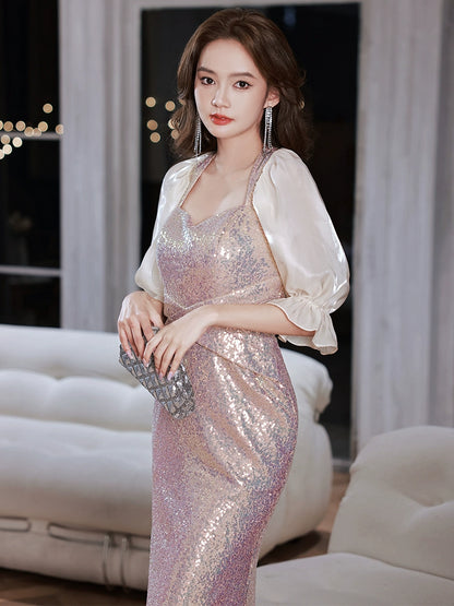 Sequined small evening dress skirt women's high-end temperament high-end sense light luxury niche  new long dress V-neck autumn