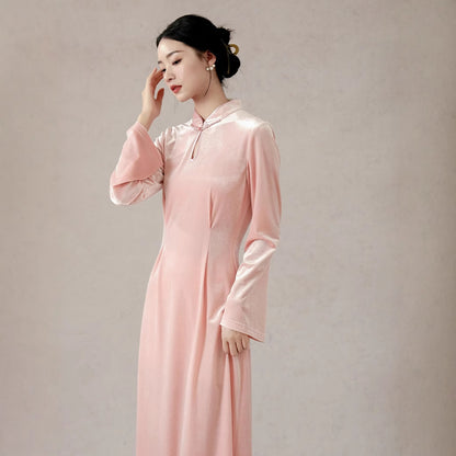 New Chinese style pink long-sleeved spring and summer velvet gentle wind dress improved cheongsam with A-shaped long dress A1129