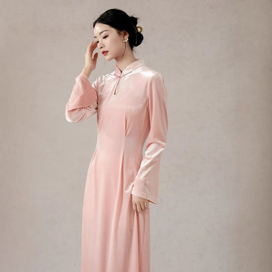 New Chinese style pink long-sleeved spring and summer velvet gentle wind dress improved cheongsam with A-shaped long dress A1129