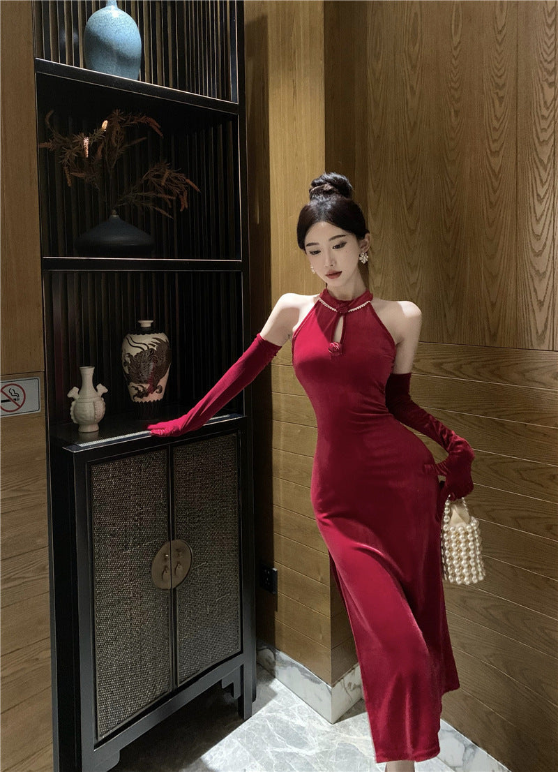 maoxiangshop-shop dress to impress outfits Banquet Host Auto Show Dress Long Dress Improved Cheongsam Dress Sexy Split Halter Velvet Dress