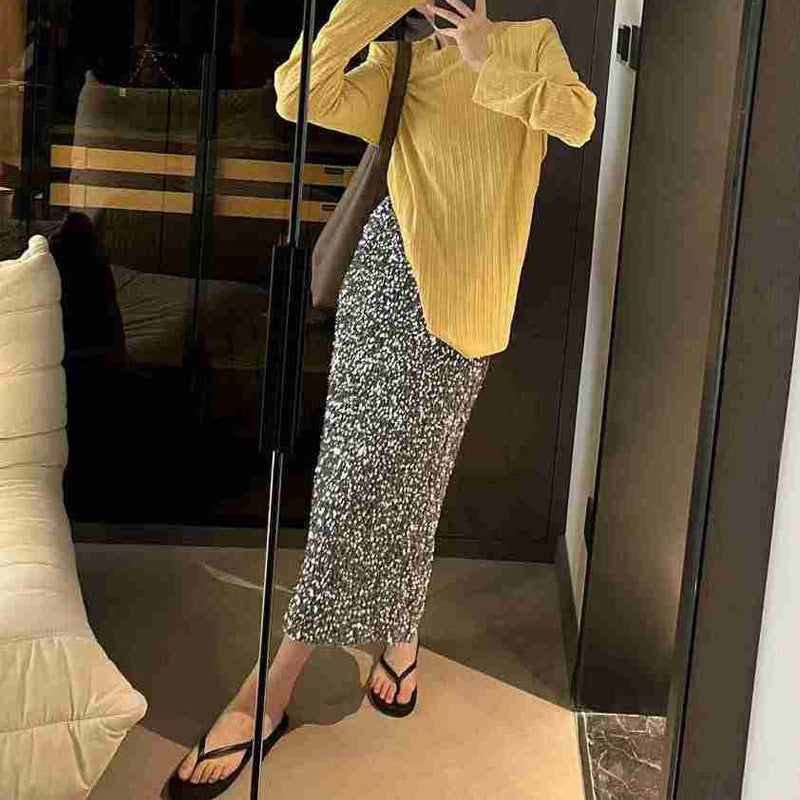 maoxiangshop-shop outfit ideas 2024 New Fashion High Waist Slimming Sequined Skirt Women's Elastic Waist Stretch Straight Dress