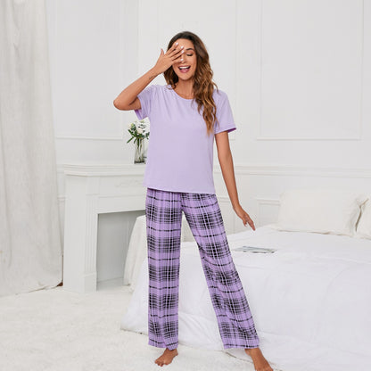 MAOXIANGSHOP 2025Real new products, 2025 New independent stations, solid color round neck T plaid printing women's casual set, loungewear pajamas, women