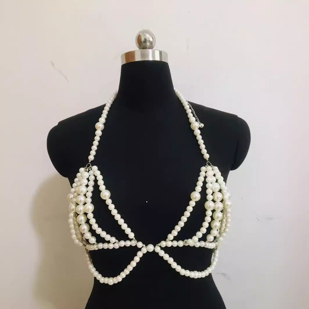 2025 XH10004  New pearl combination of different sizes fashionable neck halter chest chain body chain small vest