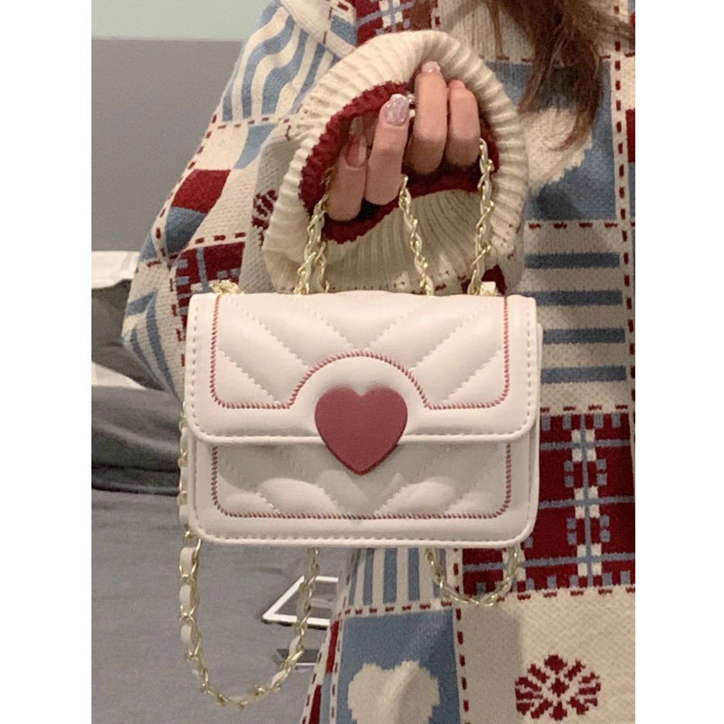 MAOXIANGSHOP 2025 Japanese ins white small bag female new student oblique span bag love contrasting color diamond chain portable small square bag
