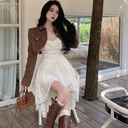 2000s fashion Pure Desire Temperament Sling Dress Women's Early Autumn Popular Suit Retro Motorcycle Short Coat Two-Piece Set