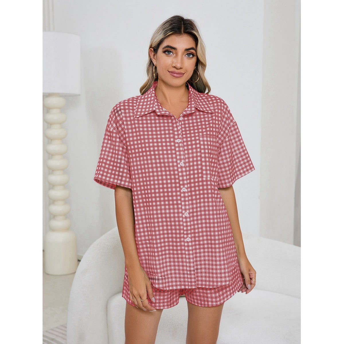 MAOXIANGSHOP 2025Real spot New women's casual and comfortable high waist loose wide leg retro plaid shorts plaid shirt, women
