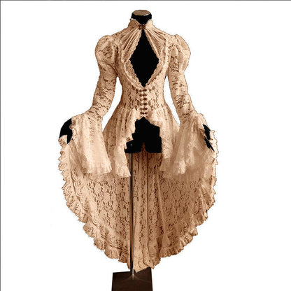maoxiangshop-shop costume ideas Vintage Lace Stitching Stand Collar Dress Bell Sleeve Slim-Fit See-through Dovetail Skirt for Women