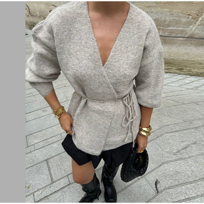 MAOXIANGSHOP 2025 Price reduction! Real shot - solid color lace-up cardigan jacket, Popularan, n New autumn and winter belt explosion woolen independent sweater