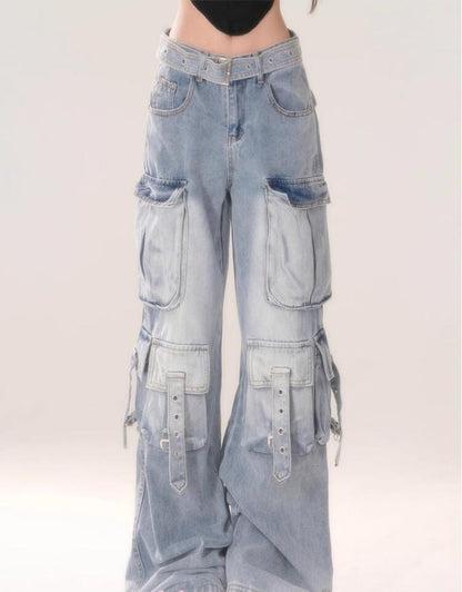 2000s fashion New Blue Pattern Cheese Hot Girl Blue Light Color Gradient Multi-Pocket Workwear Jeans Women's Trousers