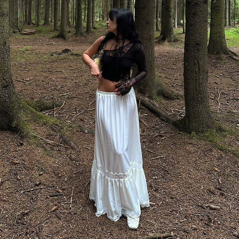 maoxiangshop -  Women's Autumn and Winter New Lace Splicing Low Waist Swing Skirt Elegant Casual Long Skirt Vestidos