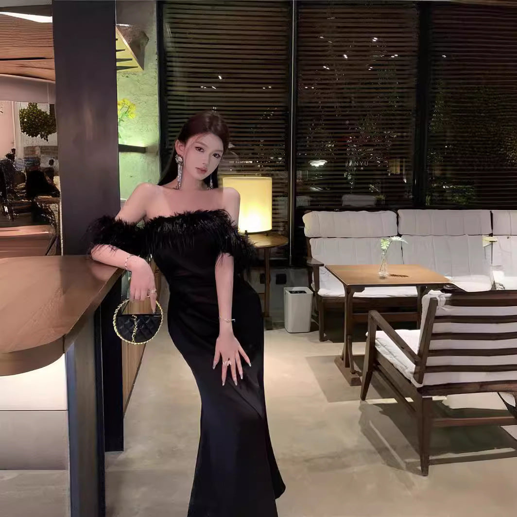 2025 temperament, high-end sense, shoulder dress, women's waist and thin dress, women's fringed design, long skirt