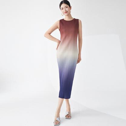 Gradual change women's summer dress high sense round neck sleeveless temperament elegant medium and long versatile hip skirt