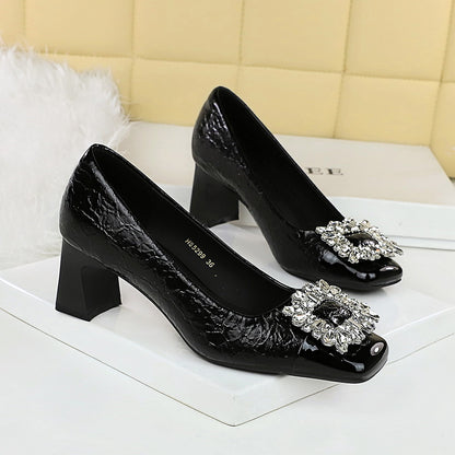 5299-K90 retro style autumn and winter new women's shoes thick heel middle heel square head rhinestone splicing thin single shoes rhinestone buckle