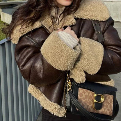 maoxiangshop outfit Winter New European Fashion Maillard Style Fur Motorcycle Jacket Jacket