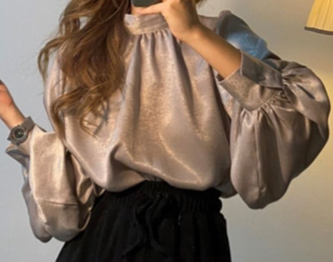 maoxiangshop 2000s fashion Spring and Autumn Korean-Style Fashionable Stand Collar Personalized All-Match Lantern Sleeve Satin Shirt Top for Women