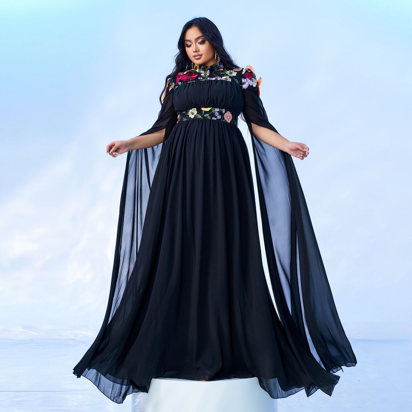 2025 Popular trade Popular,  and the United States fat mm large size women's clothing long-sleeved round neck banquet pendulum applique evening dress dress