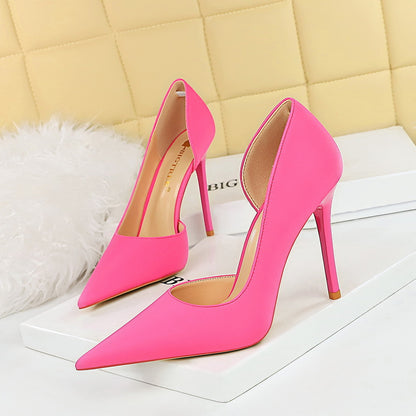 626-1 Korean version fashionable and simple pedicure, thin heel, super high heel, shallow mouth, pointed side hollow single shoes, women's high heel
