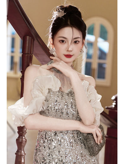 banquet evening dress women's  new high-end host fishtail engagement dress high-end light luxury niche