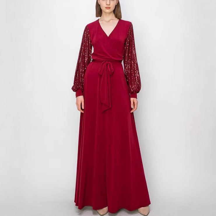 MAOXIANGSHOP 2025 spring and summer new product fashion V-neck lace-up sequined 2025 dress mid-waist lantern sleeve long evening dress