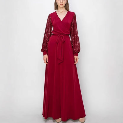 MAOXIANGSHOP 2025 spring and summer new product fashion V-neck lace-up sequined 2025 dress mid-waist lantern sleeve long evening dress