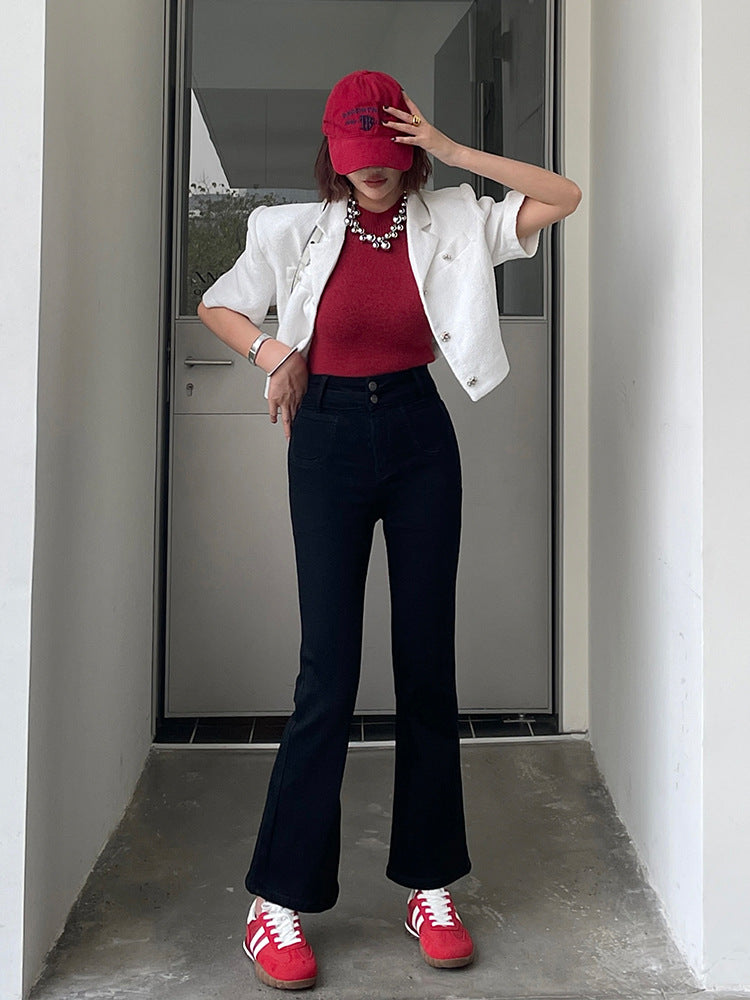 maoxiangshop-shop work outfits women Original Pure Flared Pants Spring New Elegant High Waist Cropped Pants Slim Pants Jeans for Small Girls