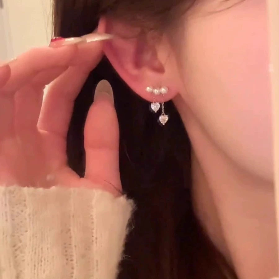 925 Silver Needle Sparkling Zirconium Love Pearl Fringed Earrings Light Luxury Niche Design Earrings Temperament Premium Earrings