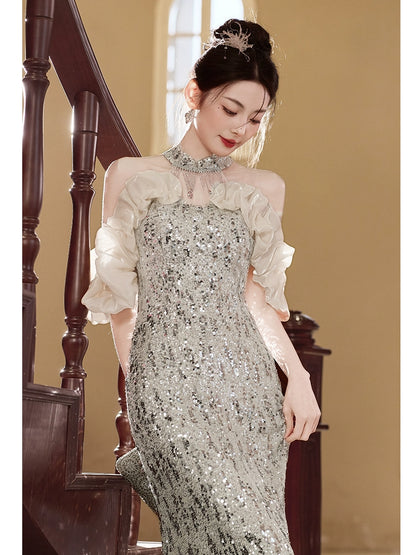 banquet evening dress women's  new high-end host fishtail engagement dress high-end light luxury niche