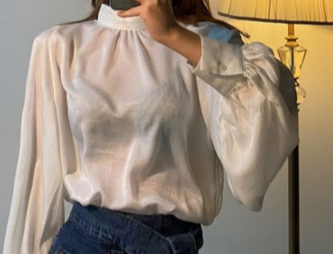 maoxiangshop 2000s fashion Spring and Autumn Korean-Style Fashionable Stand Collar Personalized All-Match Lantern Sleeve Satin Shirt Top for Women