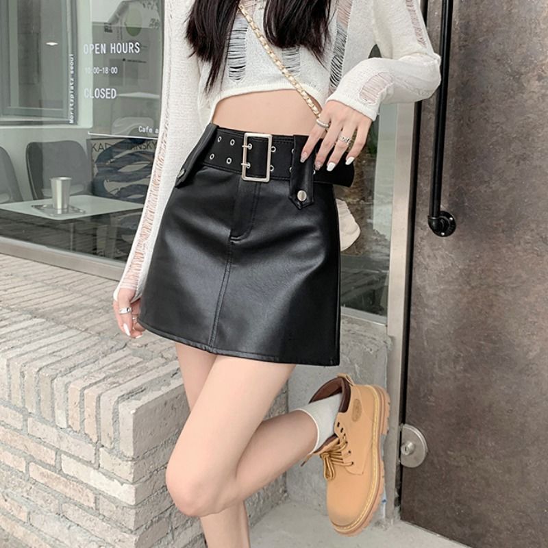 maoxiangshop 2000s fashion Hot Girl Black A- line Skirt with Belt Women's Autumn and Winter Small Elegant Hip Skirt PU Leather Skirt Ins