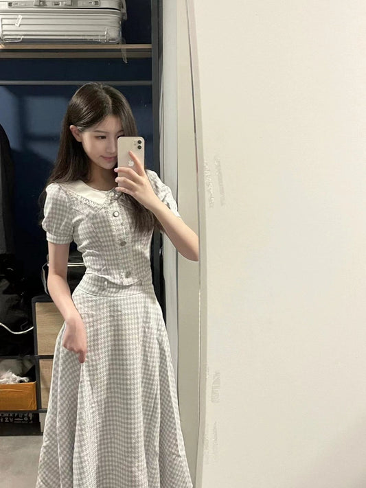 Shanhai "Heart of the Ocean" Summer New Doll Collar Xiaoxiangfeng Short Sleeve Top Plaid Set Skirt Women's Two-piece Set