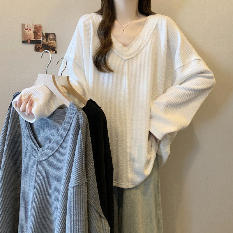 maoxiangshop grunge outfits Plus Size Pit V-neck Long-Sleeved Top for Women 2024 Autumn New Loose Slimming Fashionable Bottoming T-shirt
