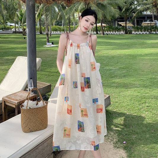 2025 double coconut tree summer holiday loose and slightly fat vacation beach dress colorful fringed suspender print dress women