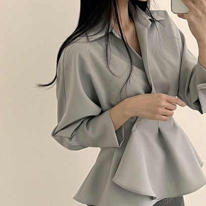 maoxiangshop-shop buisnesscore outfit women Spring and Autumn New Retro Waist-Tight Skirt Western Style Ruffled Design Sense Niche Long Sleeve Chic Shirt Top