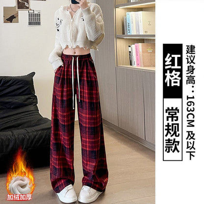 maoxiangshop-shop fall outfits aesthetic Retro Plaid Pants Women's Straight Pants Autumn and Winter New Brushed American Casual Pants High Waist Slimming Narrow Wide Leg Pants