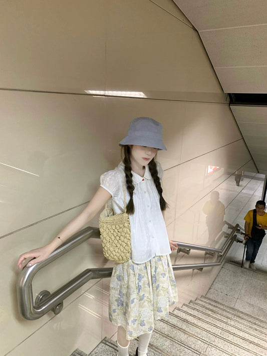 retro shirt women's summer new design sense niche flower skirt slim long-sleeved doll shirt top